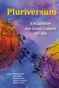 Pluriversum Buchtitel zwei bewohnte skizzierte Planeten auf dunkelblauem Grund