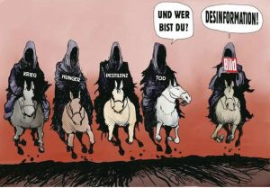 Die klassischen vier apokalyptischen Reiter Krieg, Hunger, Pestilenz und Tod als schwarze Figuren auf Pferden vor rotem Hintergrund: Ein fünfter kommt links dazu, wird gefragt: Und wer bist du? Antwort: Desinformation, BILD als Signet